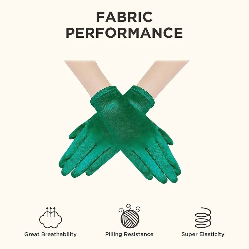 Women's Dark Green Satin Silk Gloves Banquet Wedding Party Costume Accessories